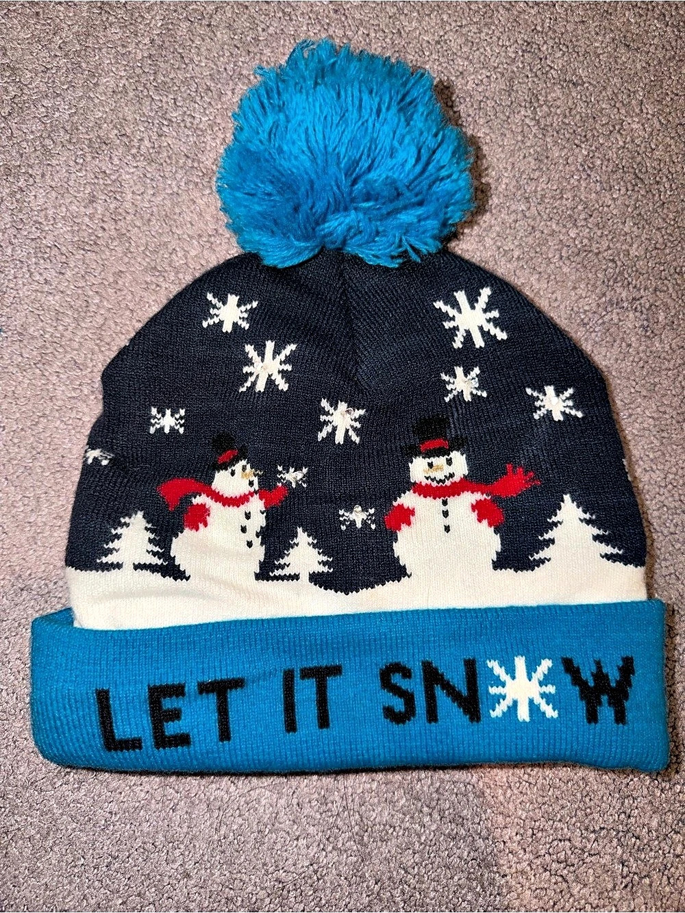 Snowman Pom light up Beanie Blue & Black